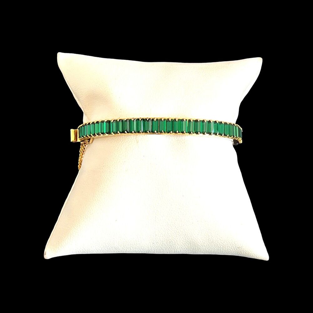 Vintage 1960s Hinged Clamper Bracelet Green Crystal Baguettes Gold Tone - 15A